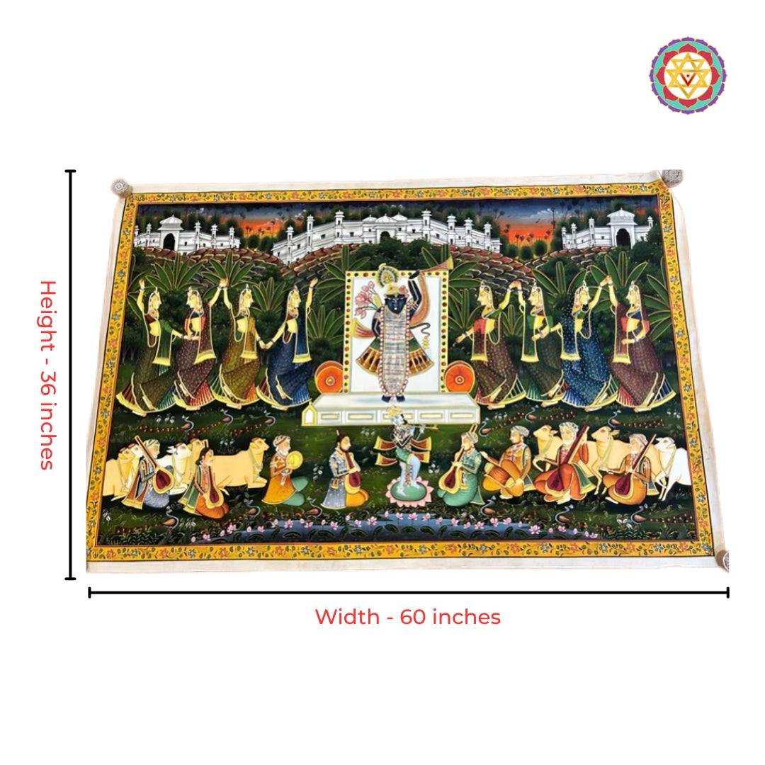 Full view of Shrinathji mural-style devotional pichwai painting with gopikas