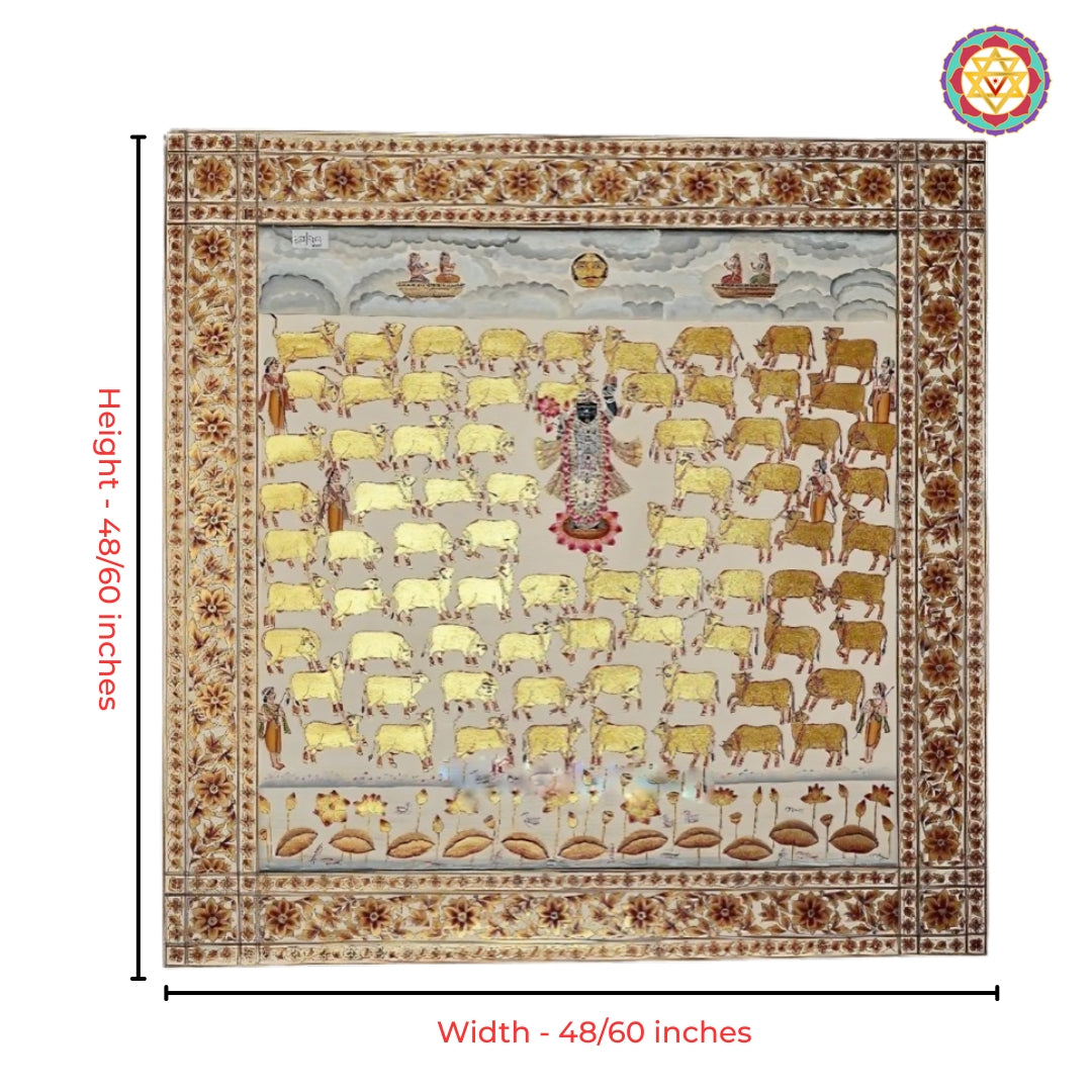 Close-up view of Shrinathji spiritual pichwai artwork with intricate detailing