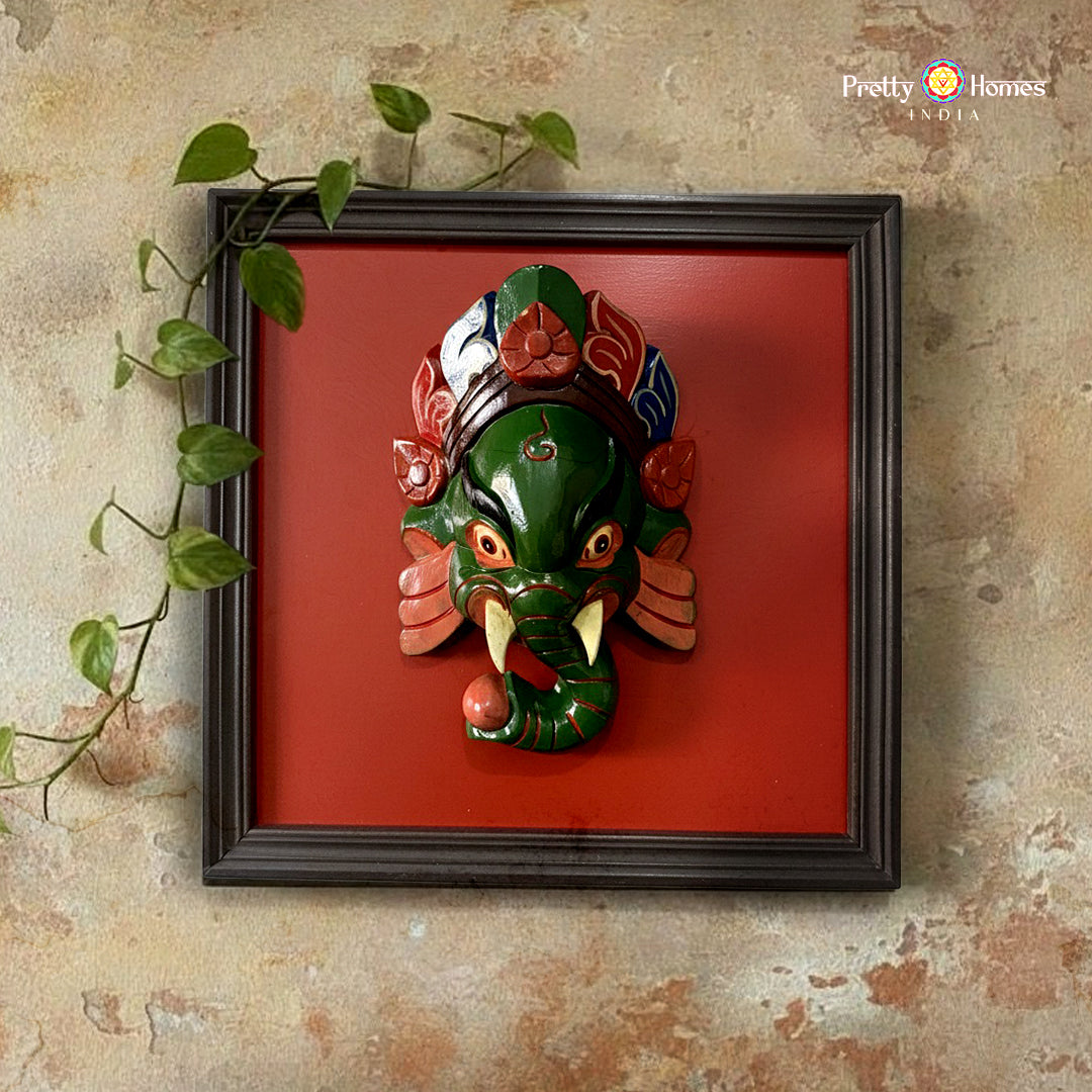 large framed ganesha wall mask wooden décor