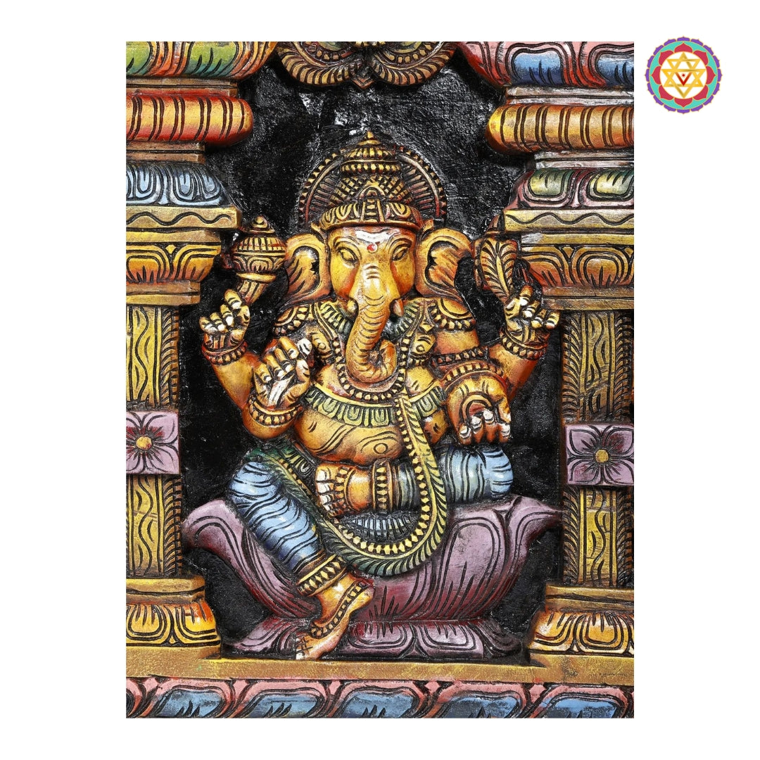 Intricate heritage carving details of Lord Ganesha horizontal wall decor panel