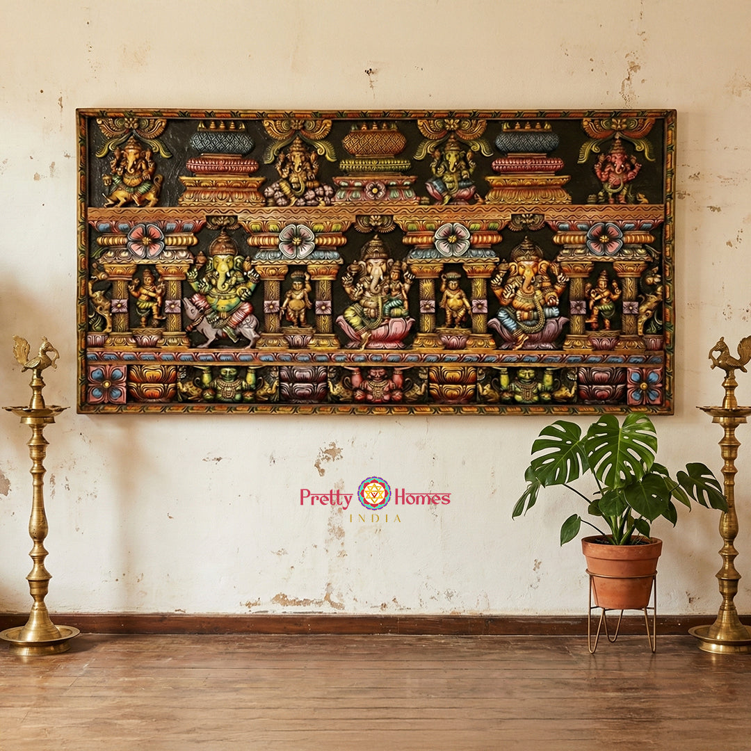 Grandeur wood carved Lord Ganesha horizontal wall panel as statement temple art
