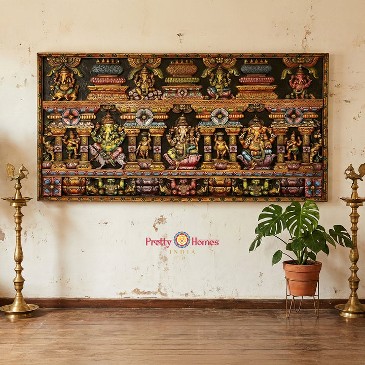 Grandeur wood carved Lord Ganesha horizontal wall panel as statement temple art