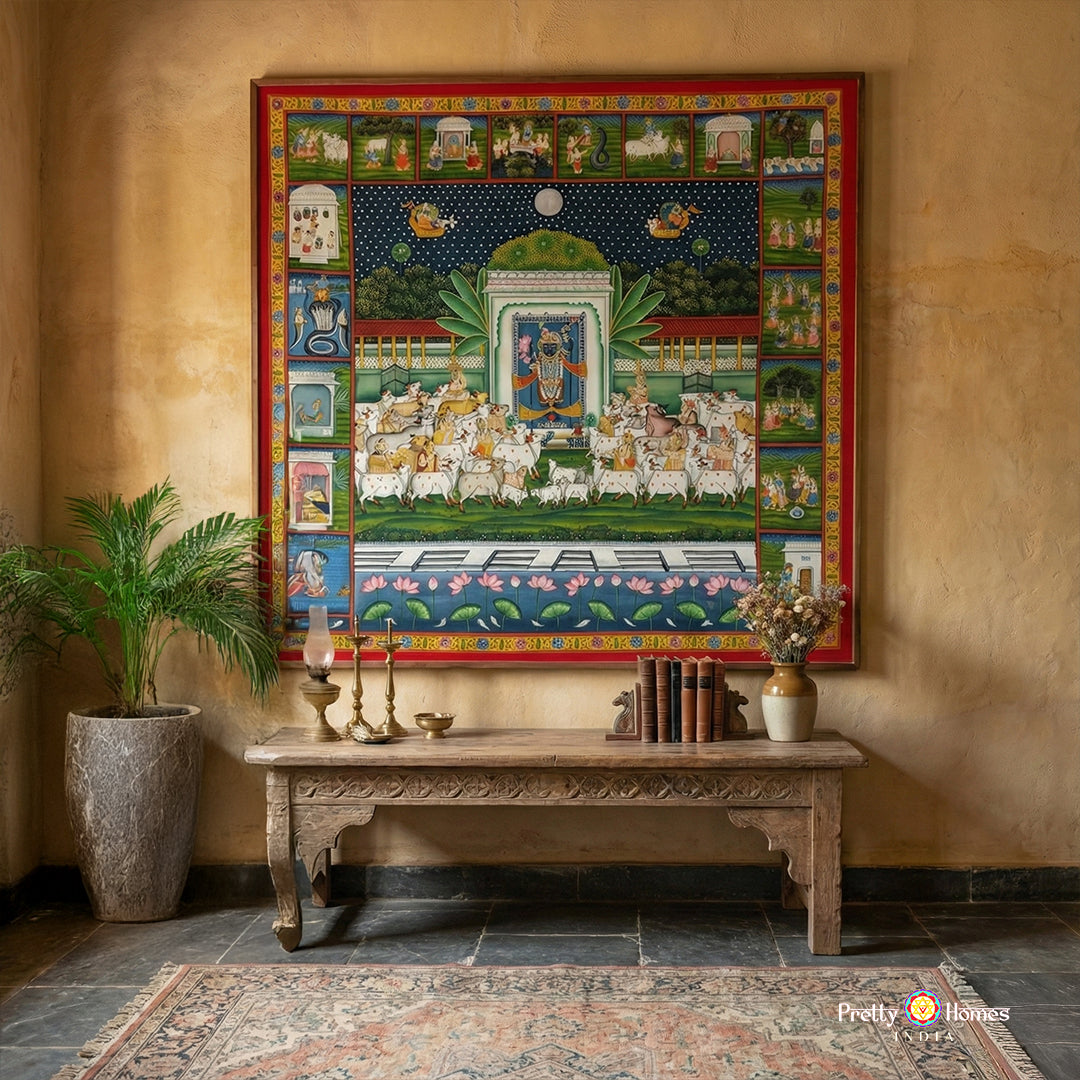 Large heritage handpainted Shrinathji Pichwai painting with intricate border leelas traditional wall art