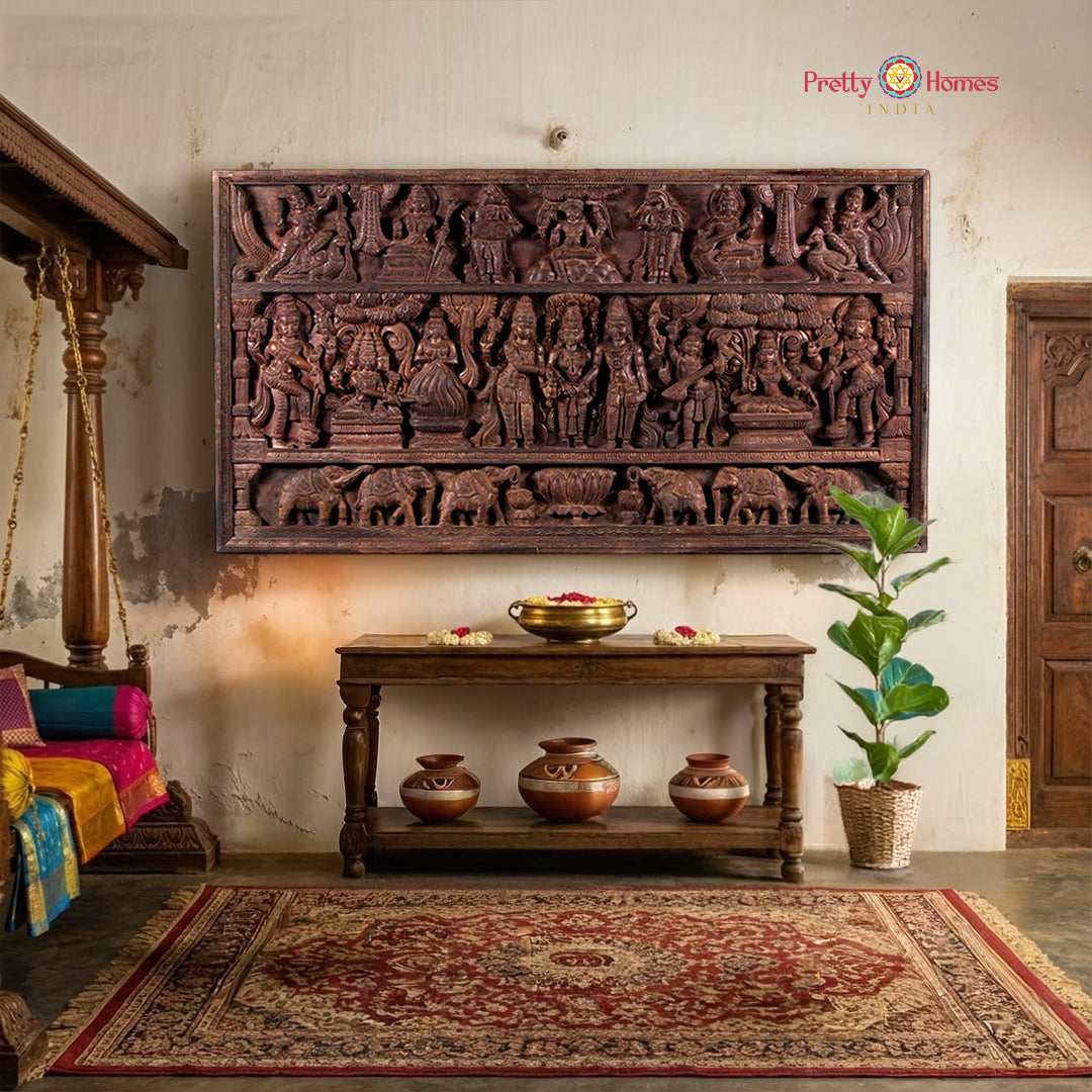 Magnificent teak wood Meenakshi Kalyanam wedding carving panel depicting Shiva Parvati marriage