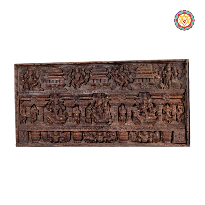 Handcrafted devotional wall panel with traditional Hindu gods in carved wood