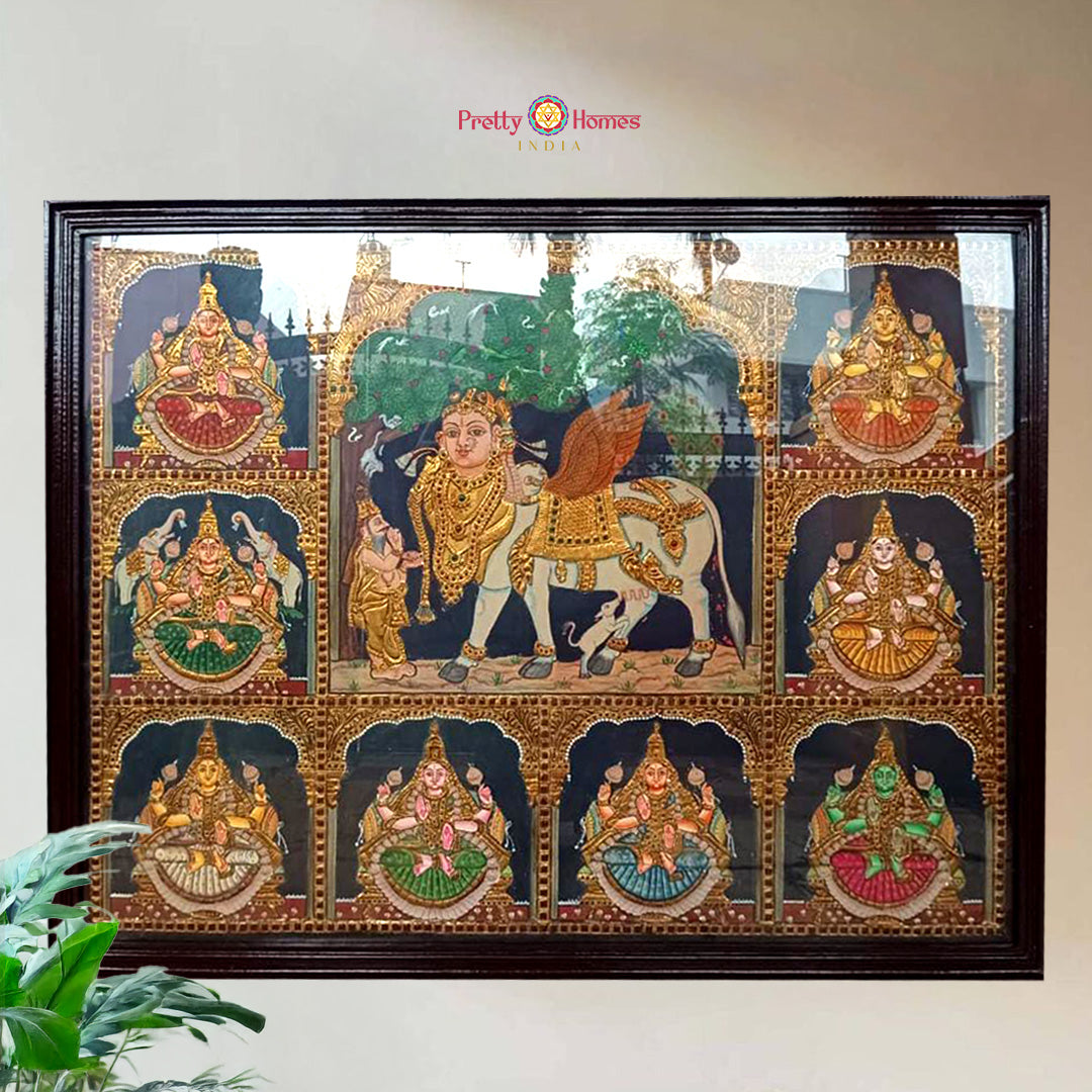 Large Hand-Painted Tanjore Art Kamdhenu with Ashtalakshmi Teakwood Frame