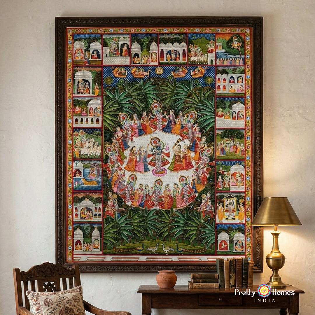Large Raas Leela pichwai painting with thematic heritage borders