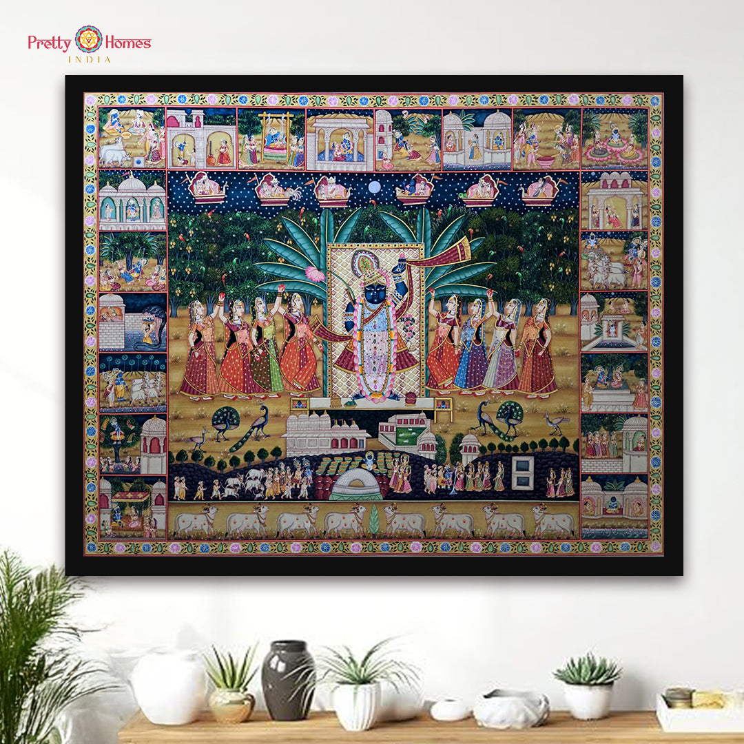 Large Sharad Swaroop Shrinathji Pichwai with gopikas and sacred cows