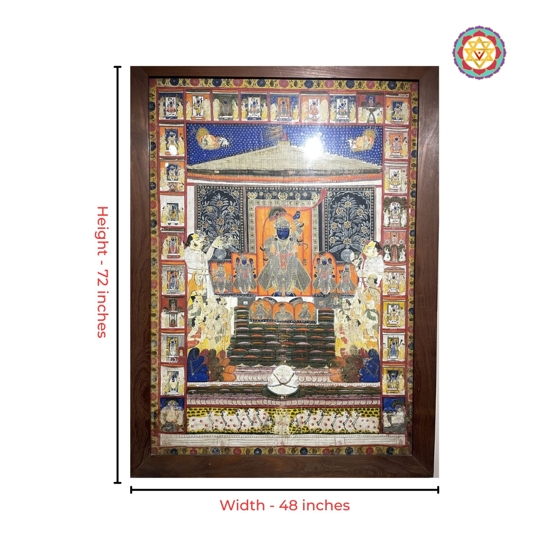 Full view of antique Shrinathji daan leela pichwai wall art with intricate motifs