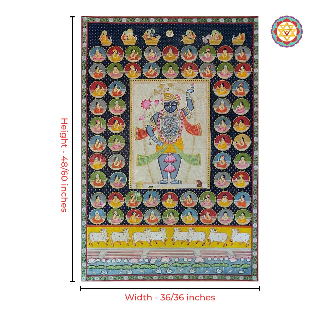 Close-up heritage detailing of vintage Shrinathji pichwai painting
