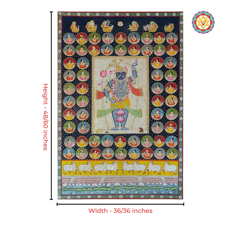 Close-up heritage detailing of vintage Shrinathji pichwai painting
