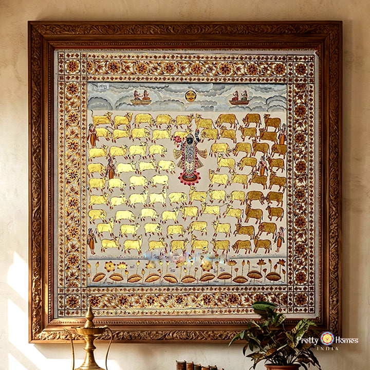 Large detailed Shrinathji pichwai painting in a divine spiritual scene