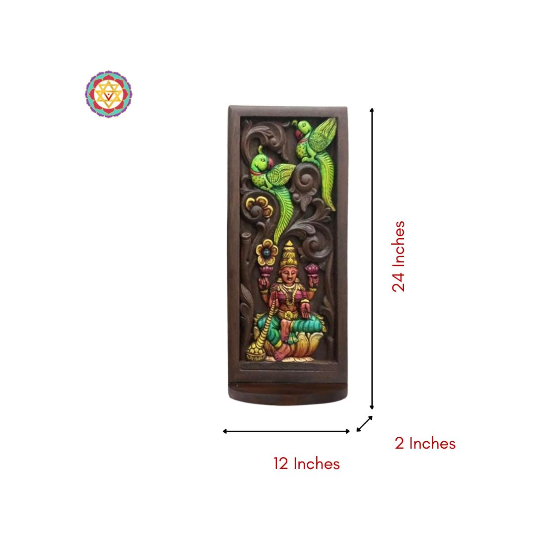 mahogany wood lakshmi frame with carved lotus and parrot detailing