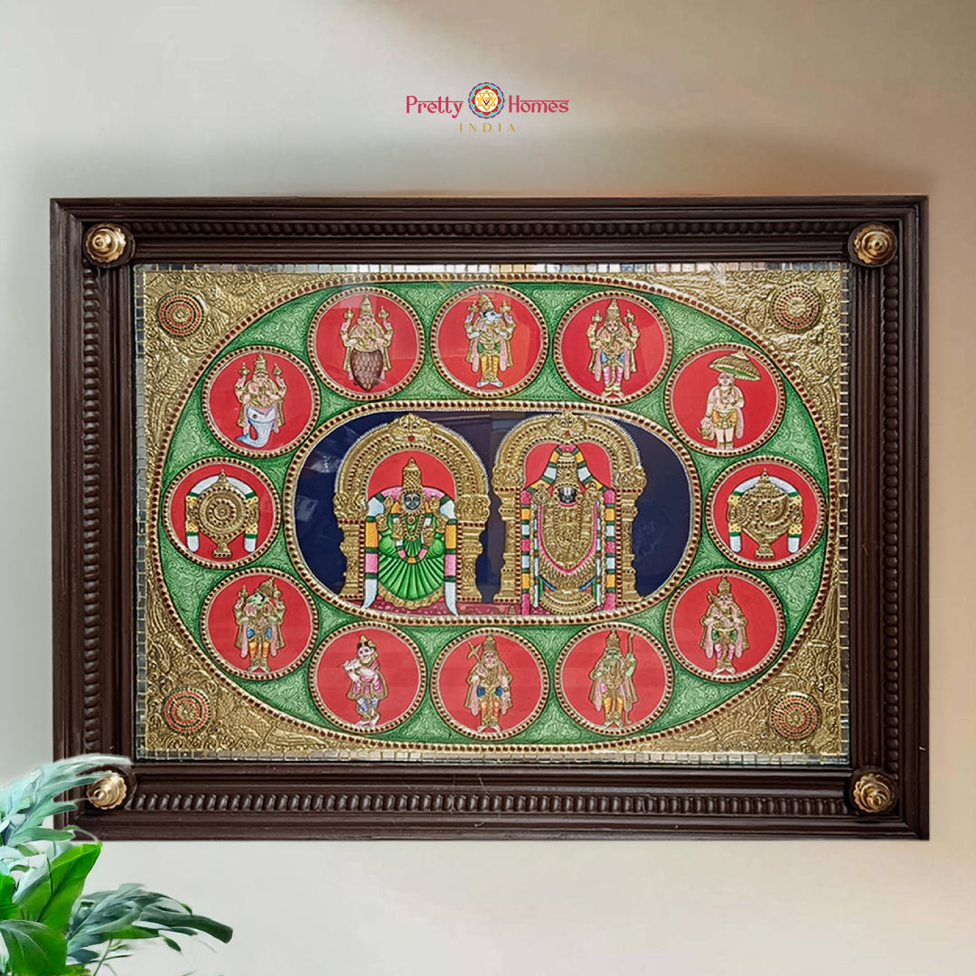 Lord Balaji and Goddess Lakshmi with Dashavatar Tanjore painting with 22 carat gold