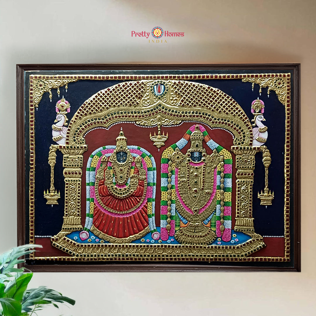 Lord Balaji with Goddess Padmavathi Tanjore painting with 22 carat gold and teakwood frame