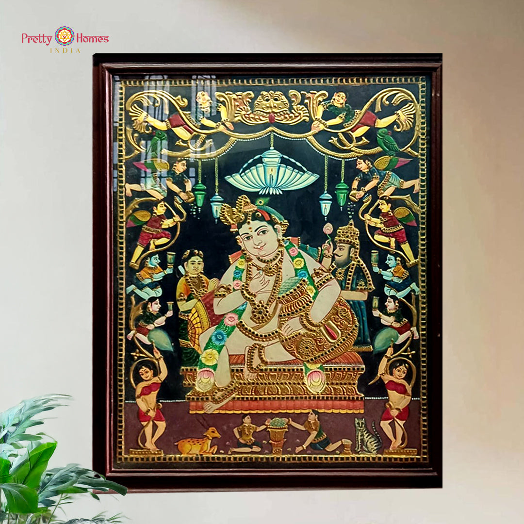 Vintage Hand-Painted Tanjore Art Lord Krishna with Angels Teakwood Frame