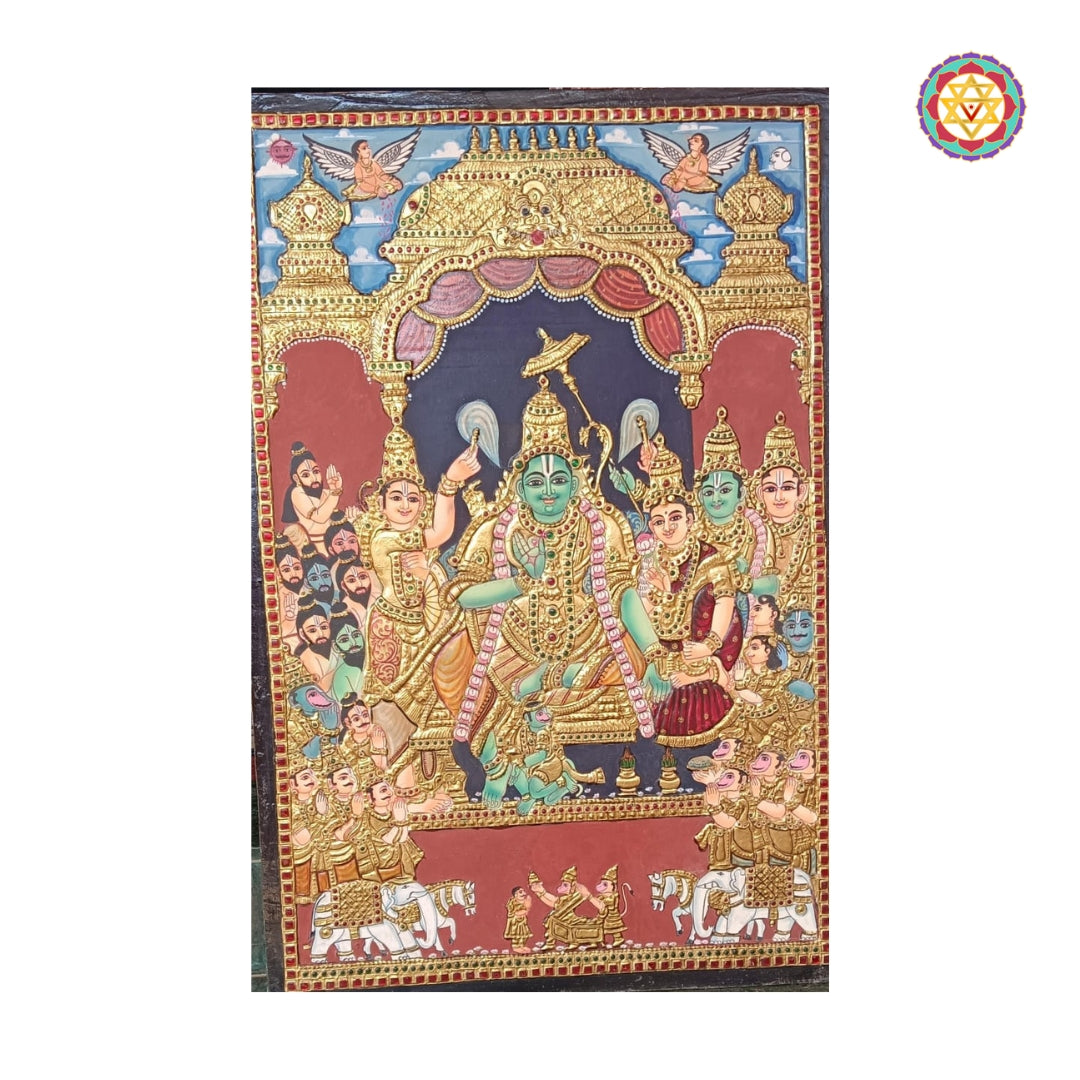 Close up of 22 carat gold detailing on Ram Patta Abhishekam Tanjore art