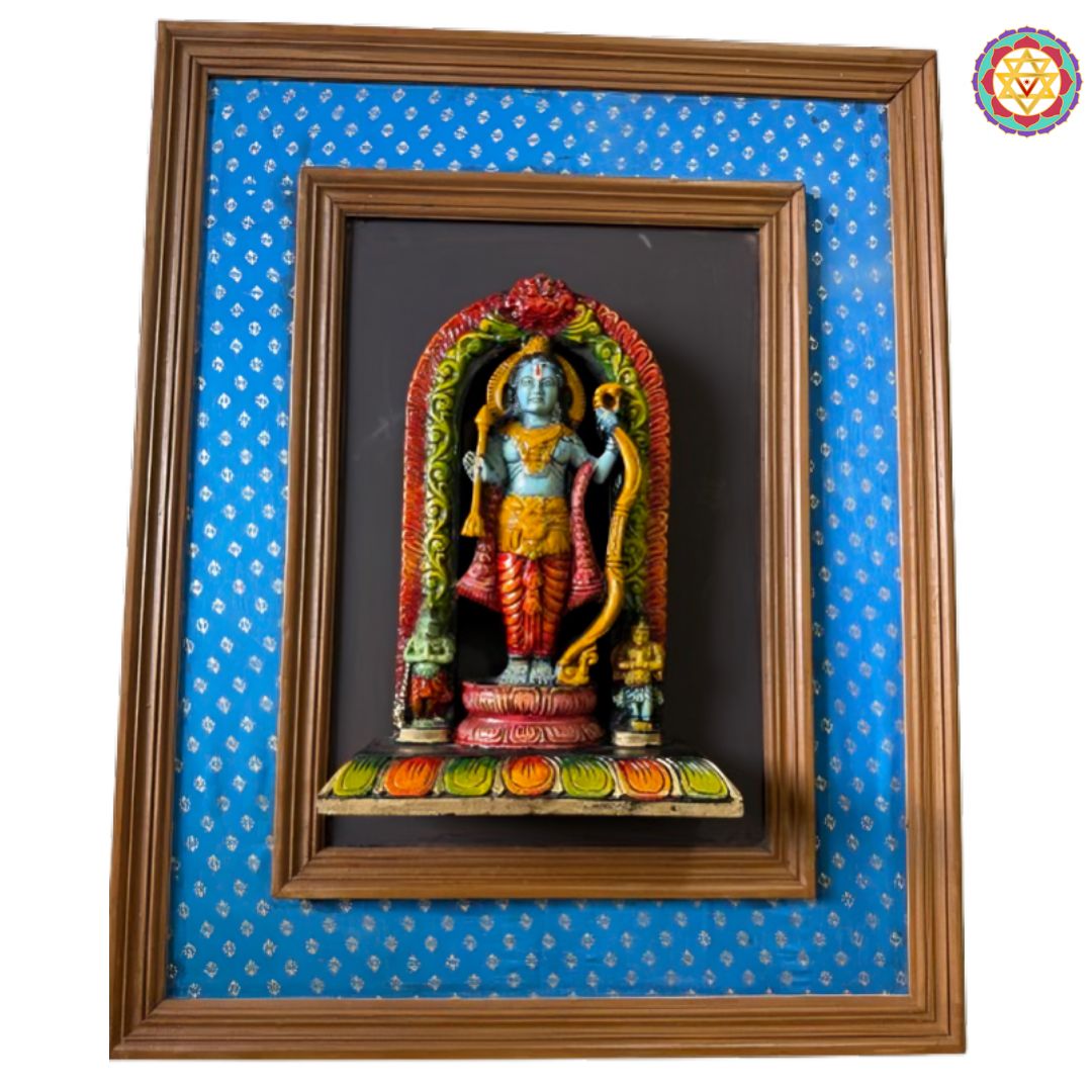 ram ayodhya wooden wall hanging with traditional silk backdrop - blue color