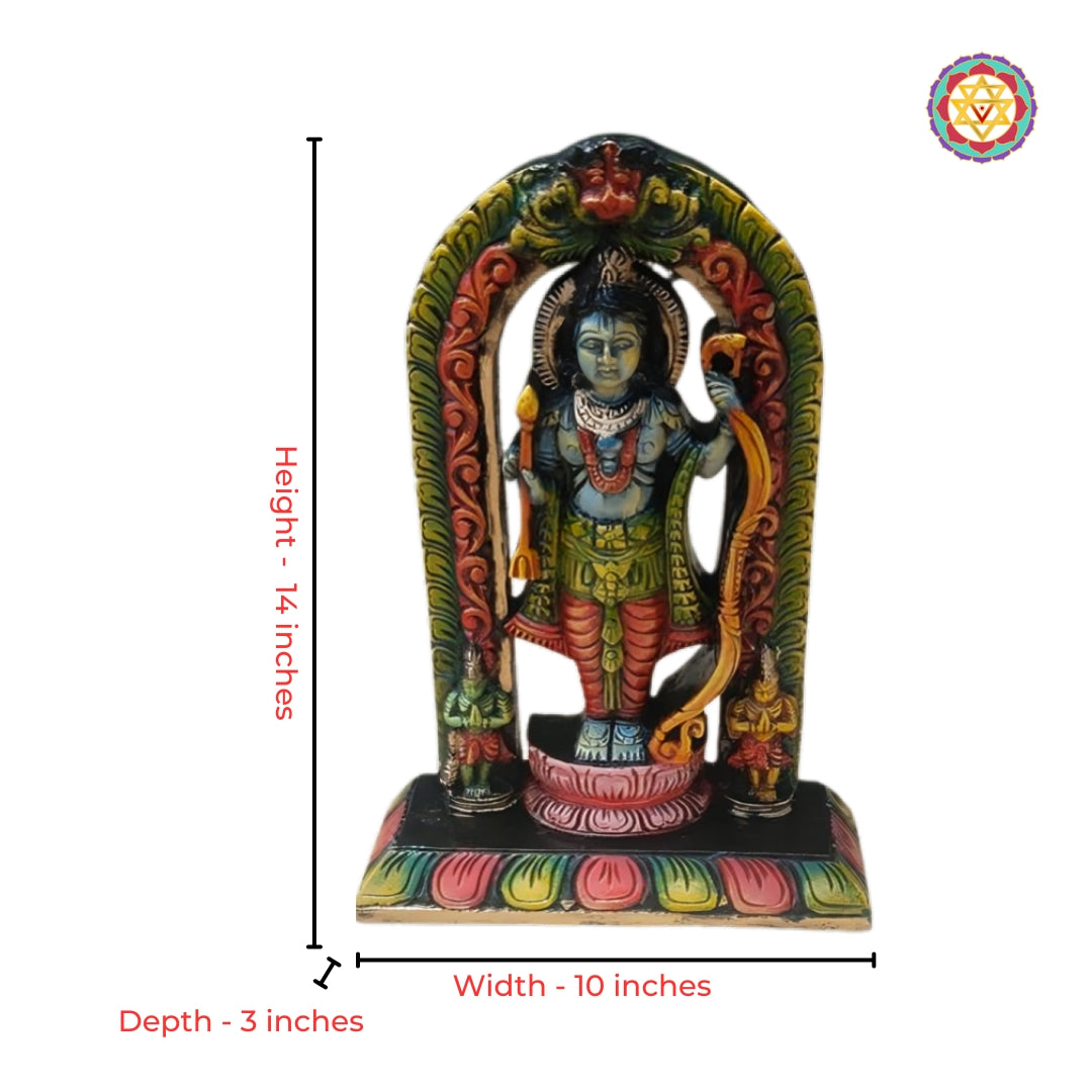Close-up detailing of arched Lord Ram wood carved idol with heritage craftsmanship