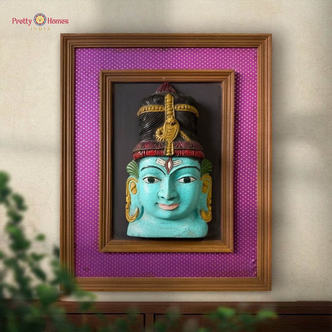 lord shiva wooden face wall hanging with golden frame