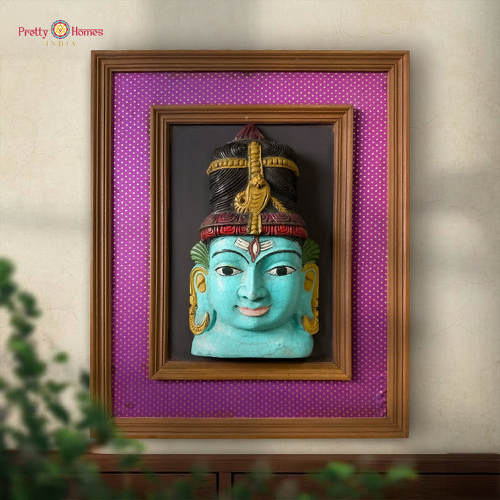lord shiva wooden face wall hanging with golden frame