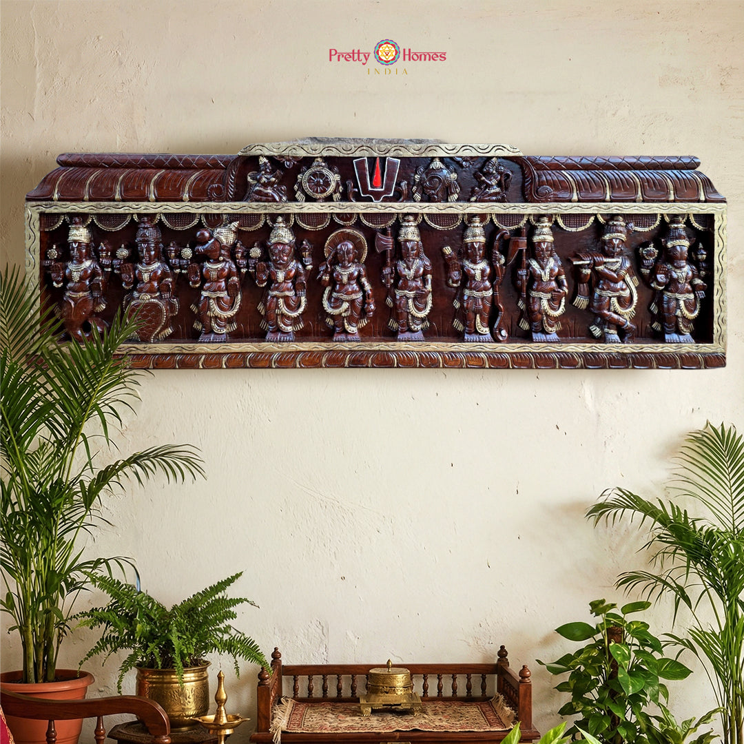 Wood carved horizontal Lord Vishnu Dashavatars panel with traditional temple carvings
