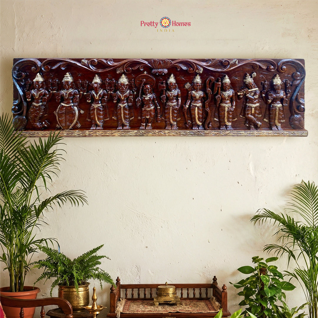 Horizontal antique gold finish hand-carved Lord Vishnu wall panel with heritage style