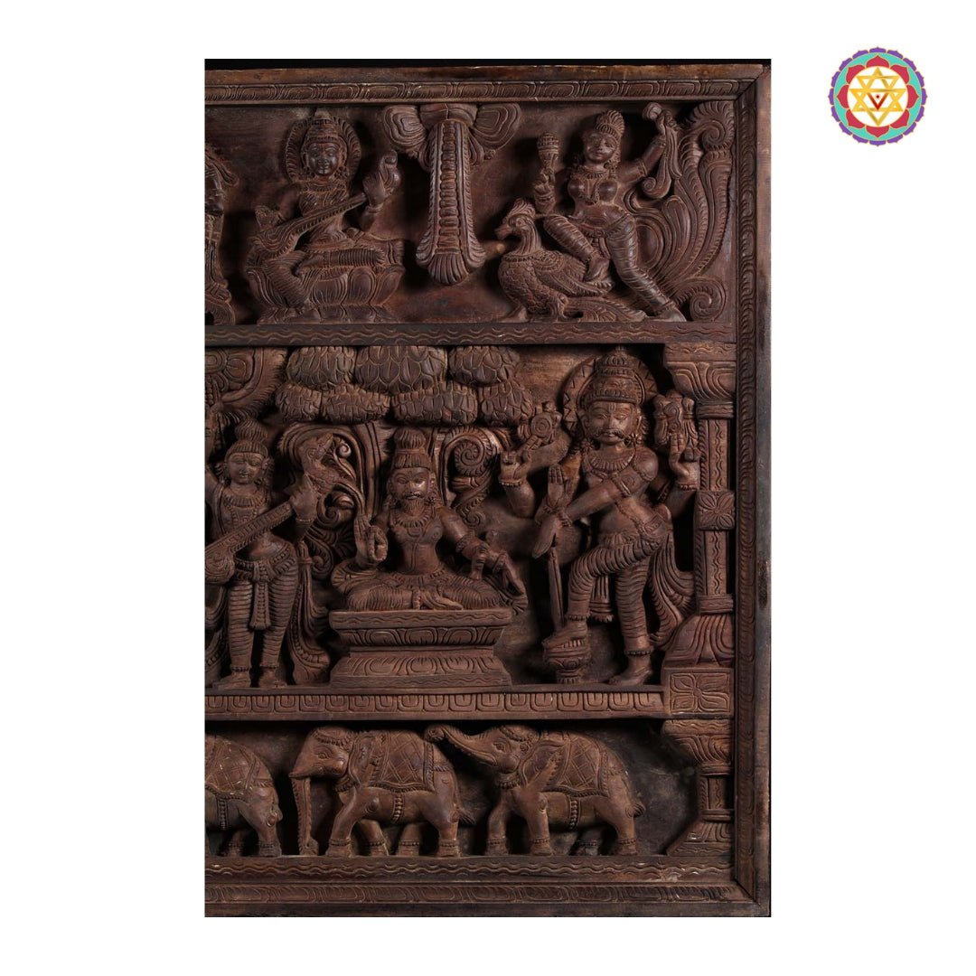 Divine Shiva Parvati wedding carving large horizontal wooden panel for luxury heritage interiors