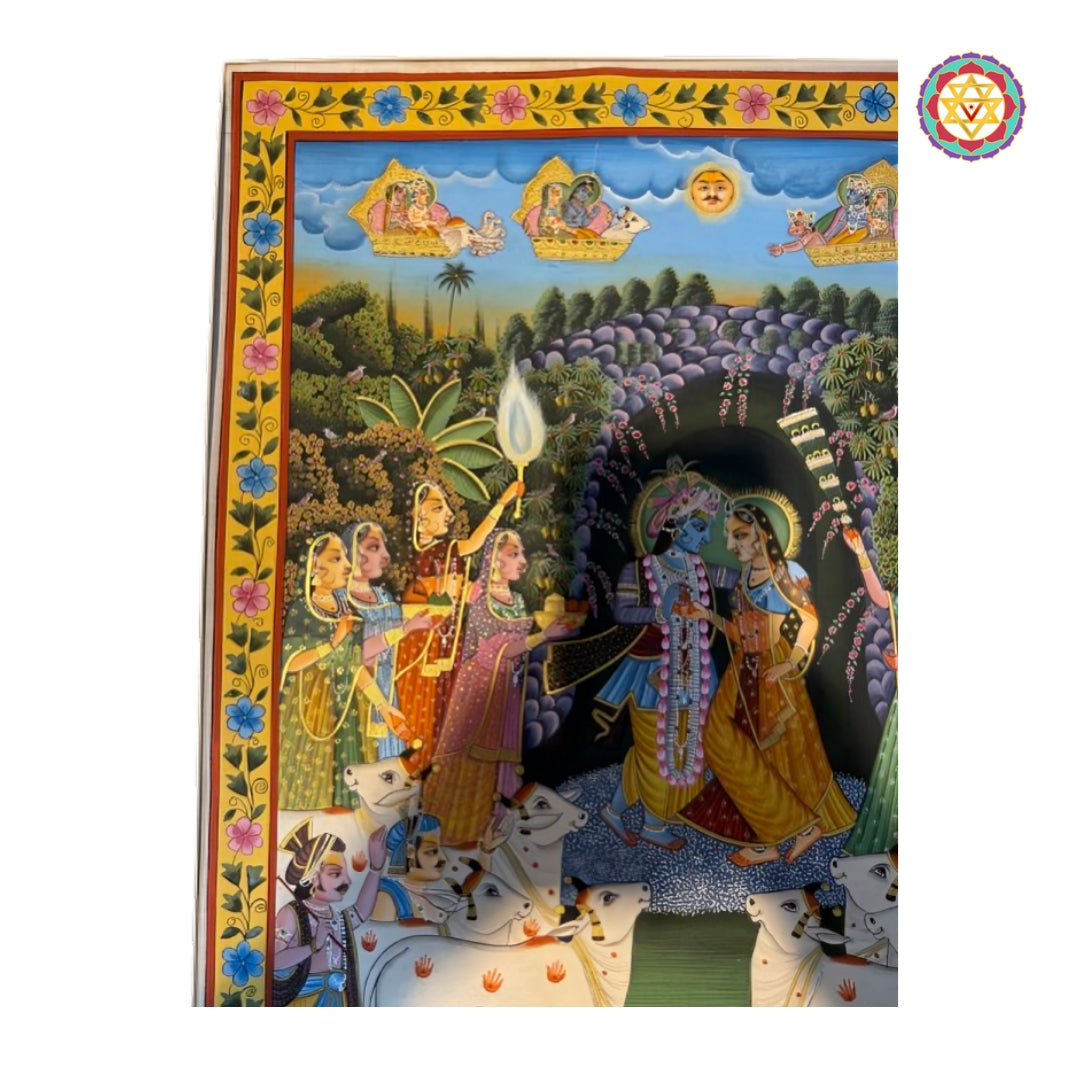 Handpainted Pichwai depicting magnificent Krishna and Radha in traditional style