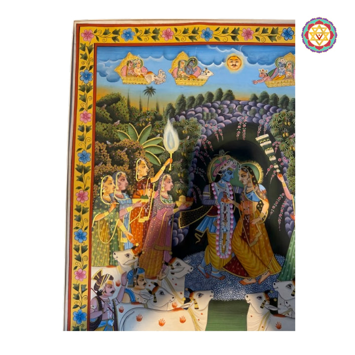 Handpainted Pichwai depicting magnificent Krishna and Radha in traditional style