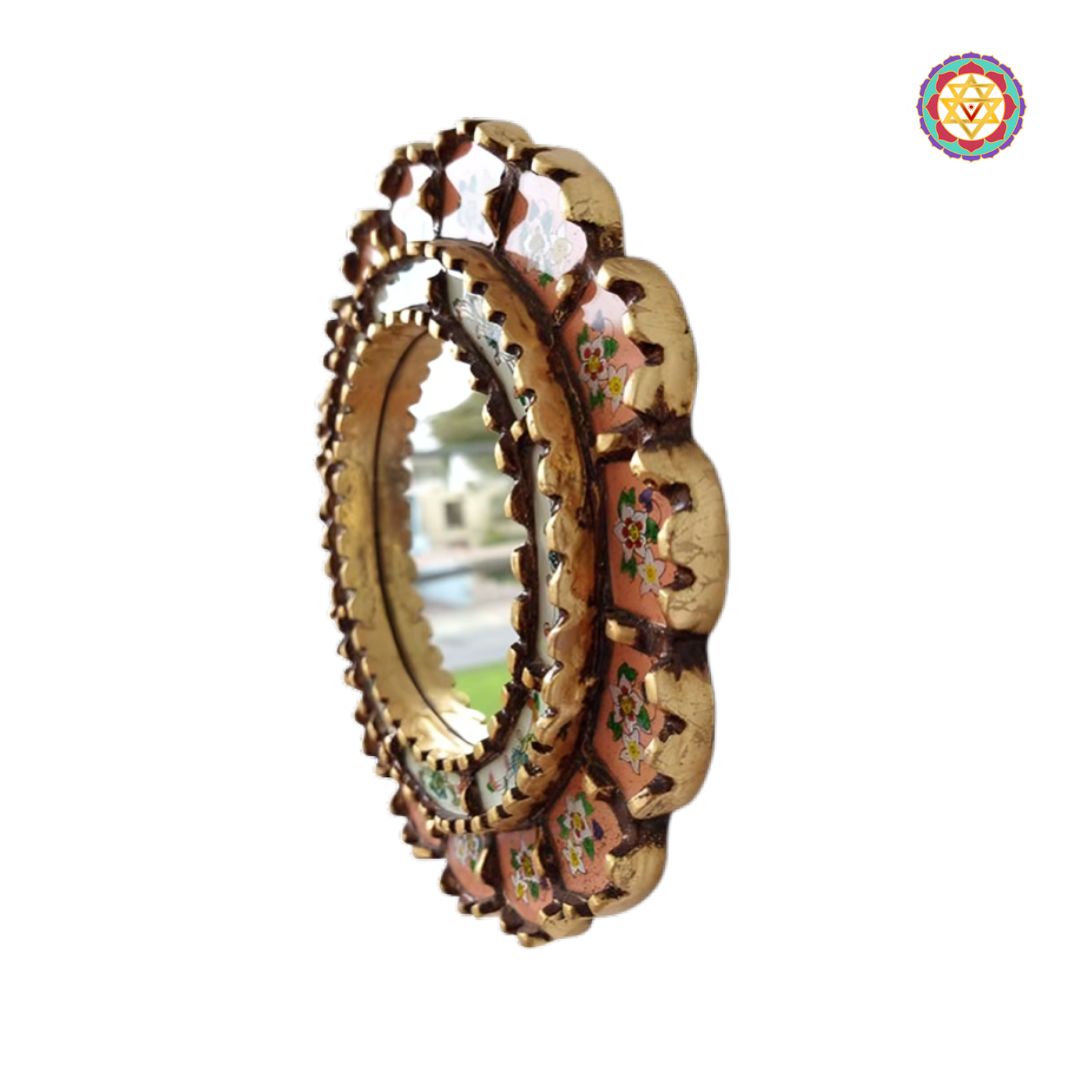 artistic round wooden mirror peach off white