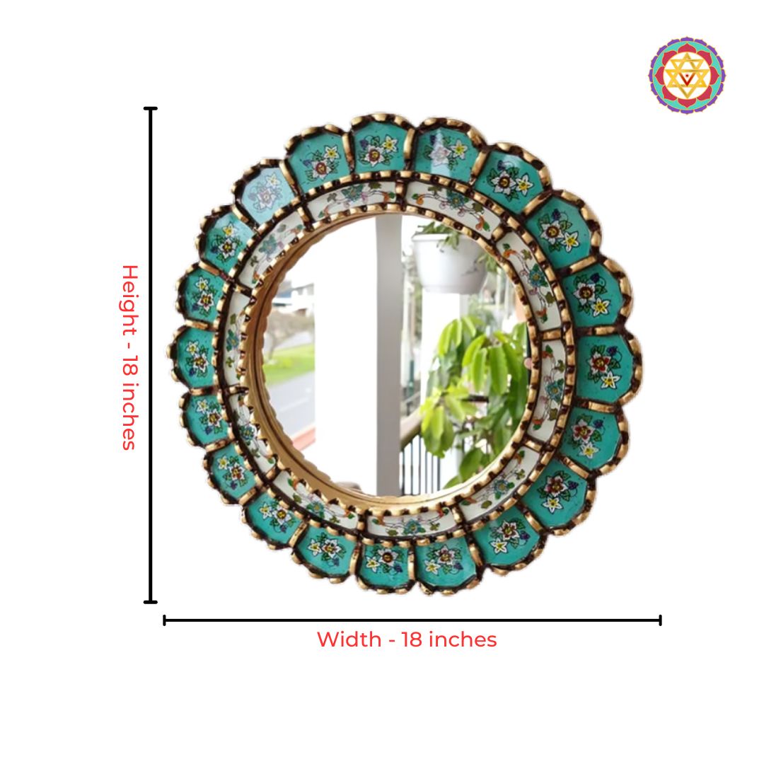 artistic wooden round mirror handpainted blue