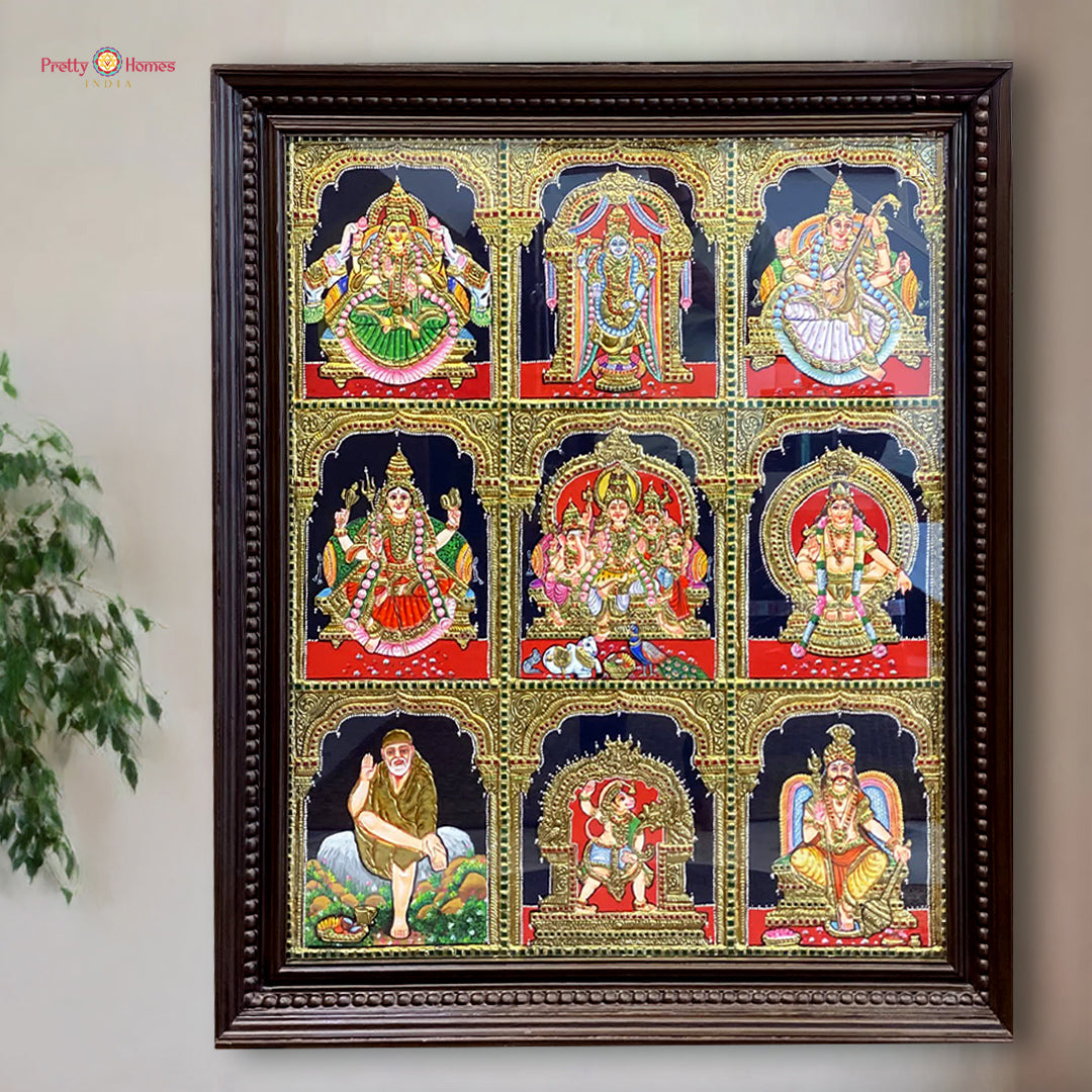 multi god idol gold foil tanjore painting