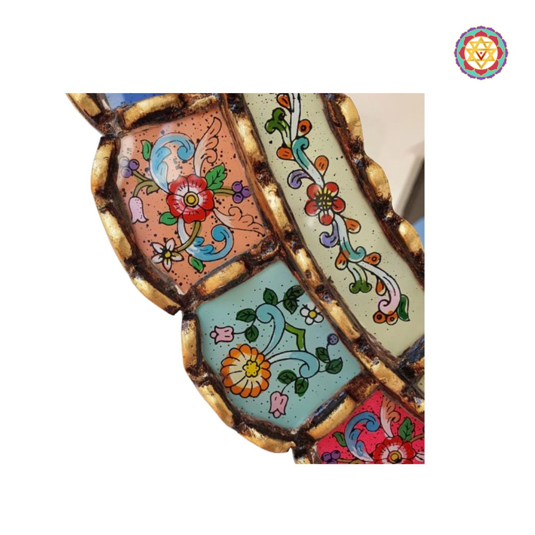 wooden round mirror handpainted vibrant design