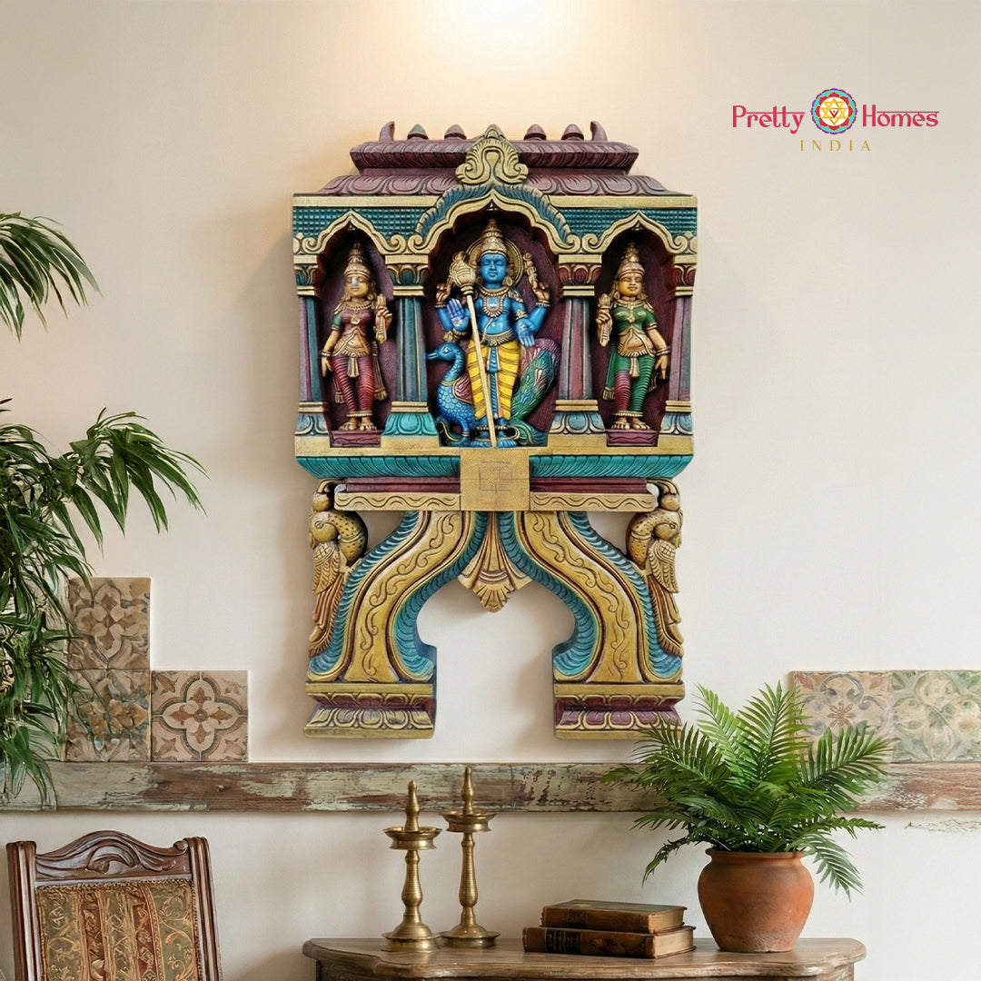 Woodcarved Lord Murugan Kavadi panel featuring Valli and Devasena in traditional style