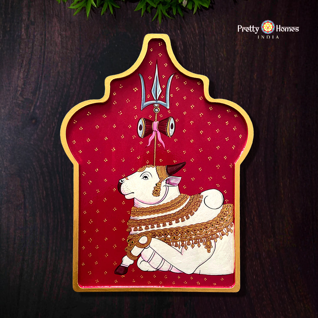 Arabesque hand-painted Nandi wooden wall plate with devotional heritage theme