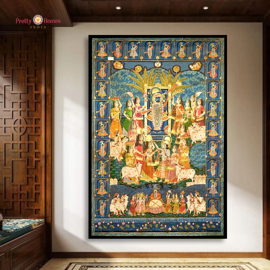 Neelamayi Shrinathji Pichwai painting with gopikas and leela themes