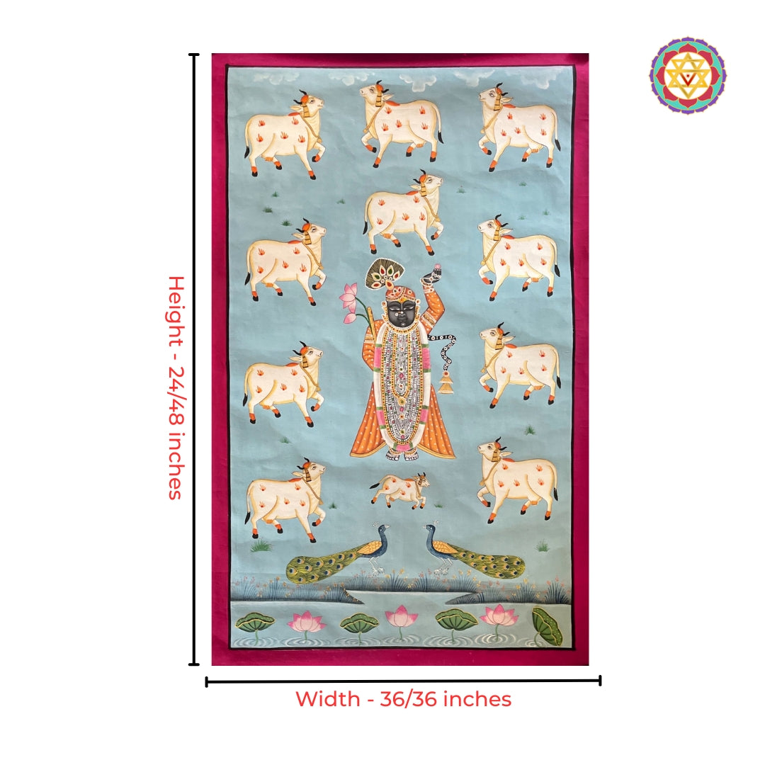 Full view of blue Shrinathji pichwai wall art featuring sacred cow motifs