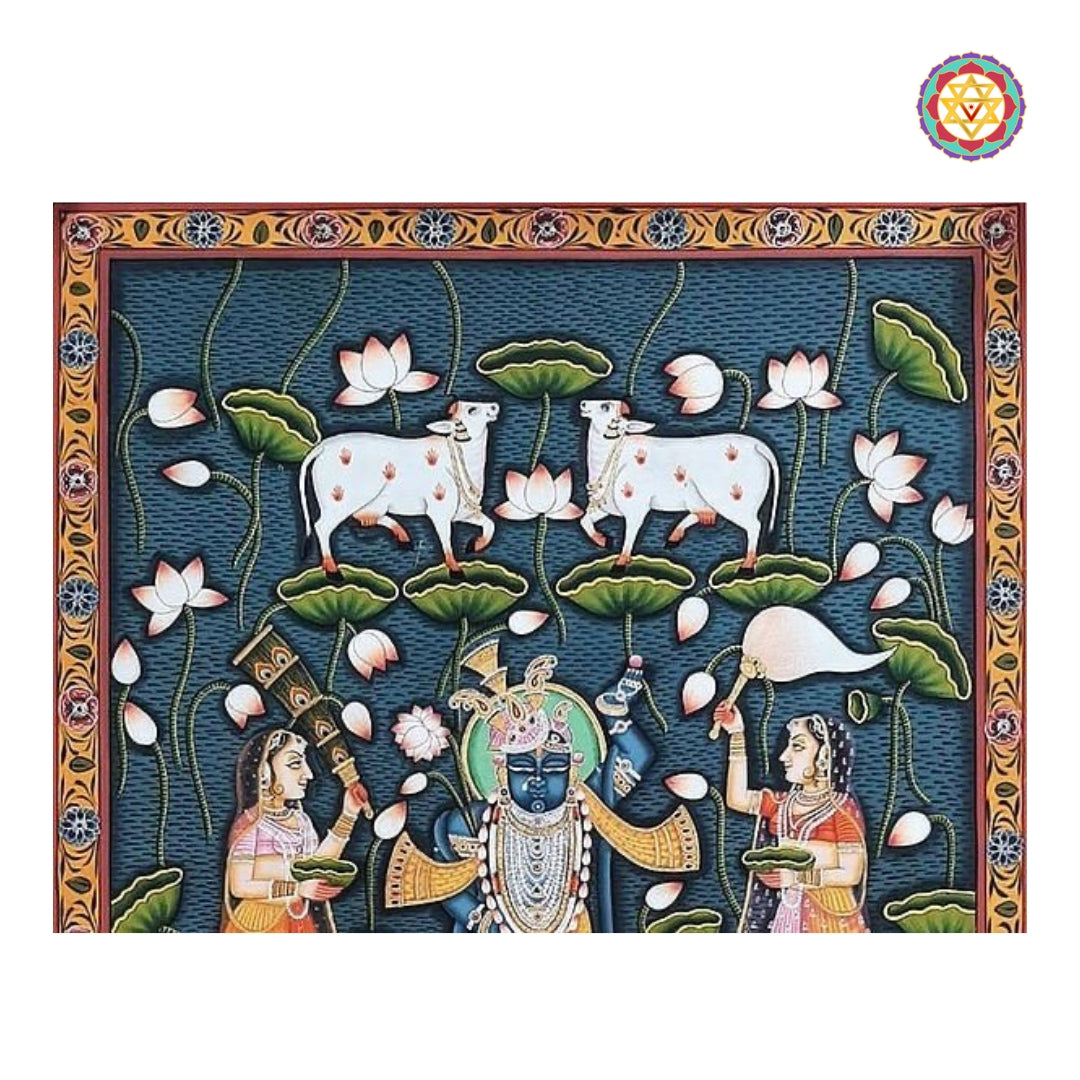 Shrinathji Pichwai artwork depicting Gopikas around lotus pond in traditional Indian painting style