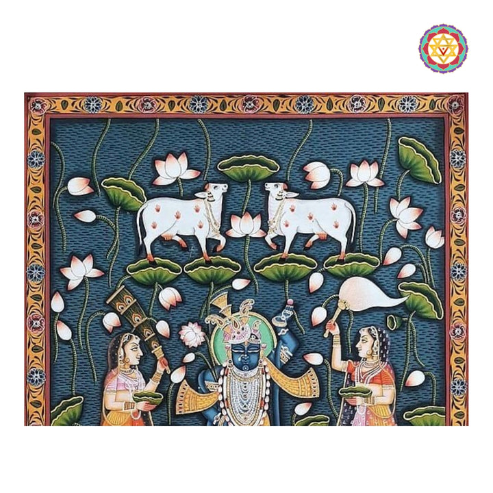 Shrinathji Pichwai artwork depicting Gopikas around lotus pond in traditional Indian painting style