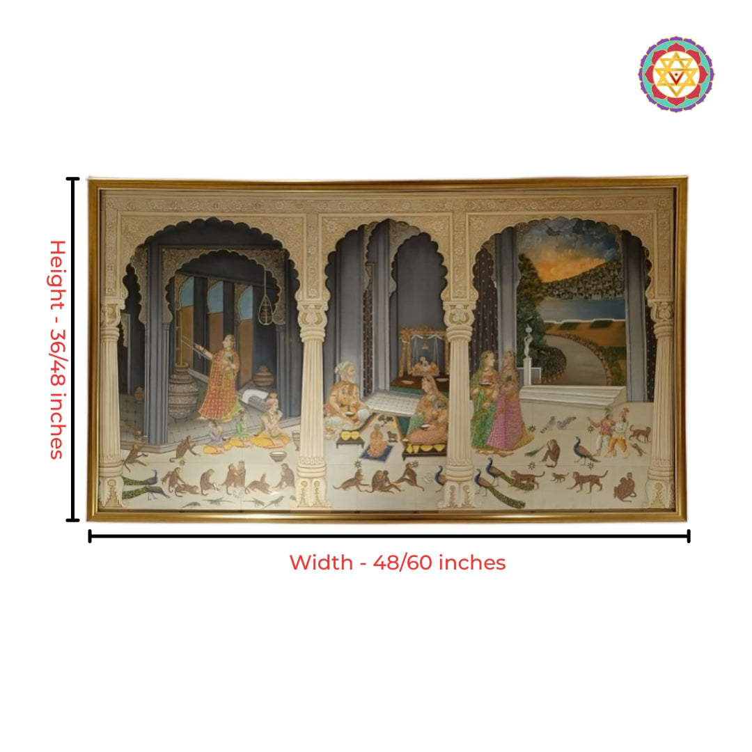 Pichwai Art Royal Palace Scene with Devoted Sevadars