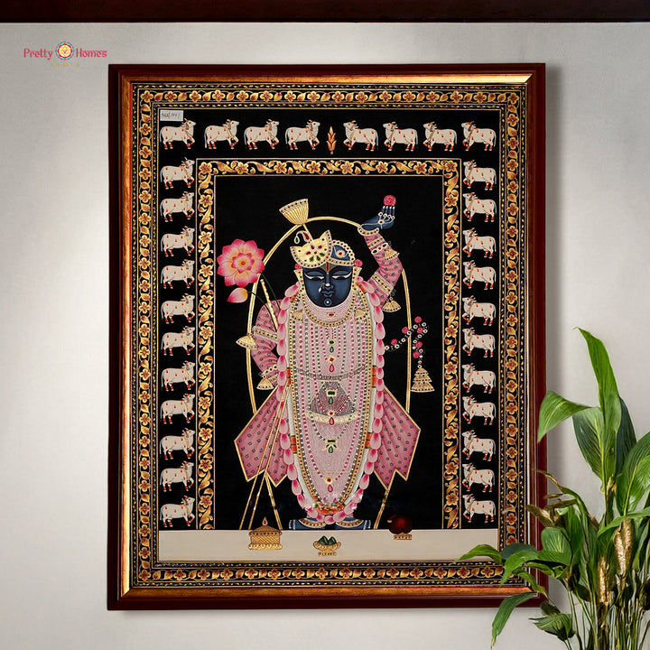 Pichwai art on cotton cloth with traditional cow motifs.