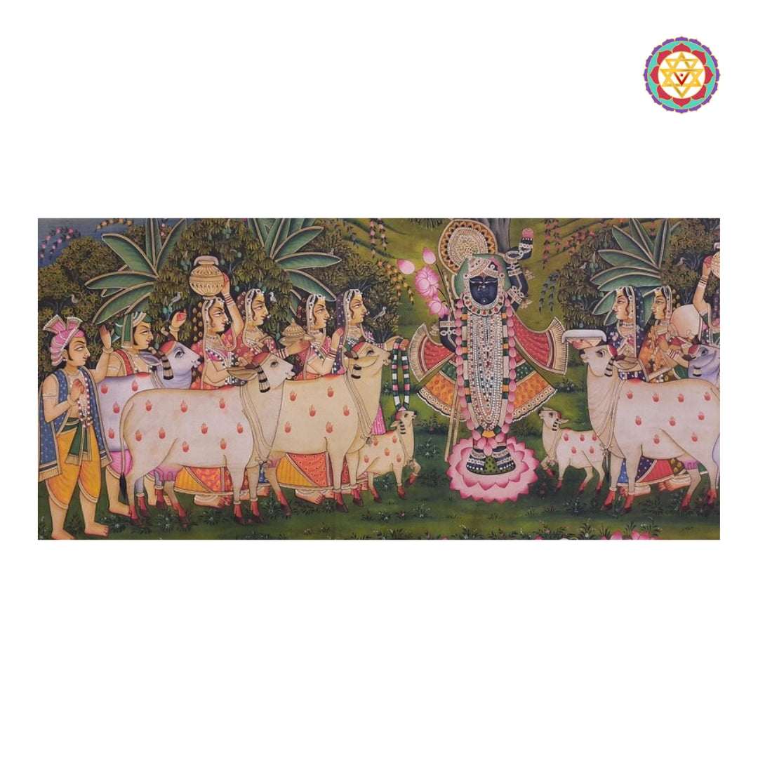 Pichwai Art Shrinathji Surrounded by Cows and Cowherds