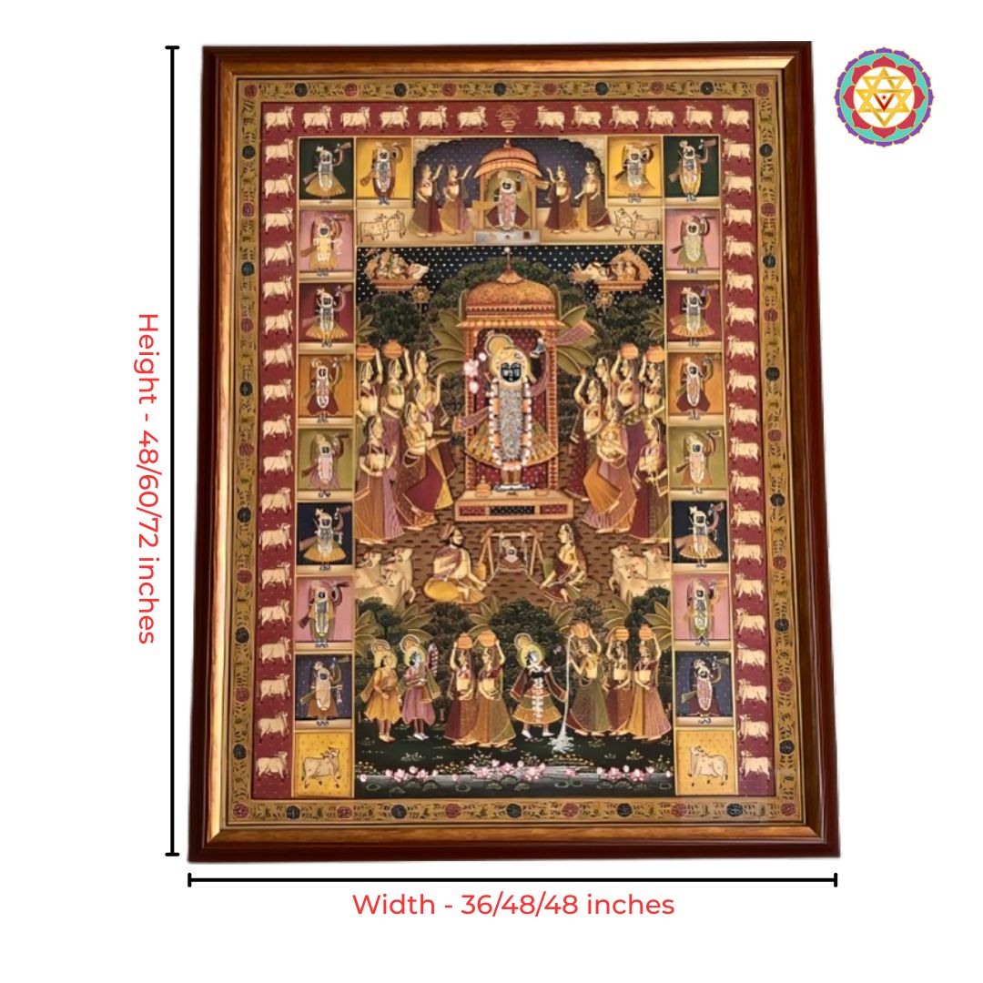Pichwai painting featuring Shrinathji darshan and intricate borders.