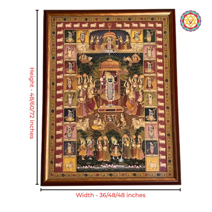 Pichwai painting featuring Shrinathji darshan and intricate borders.