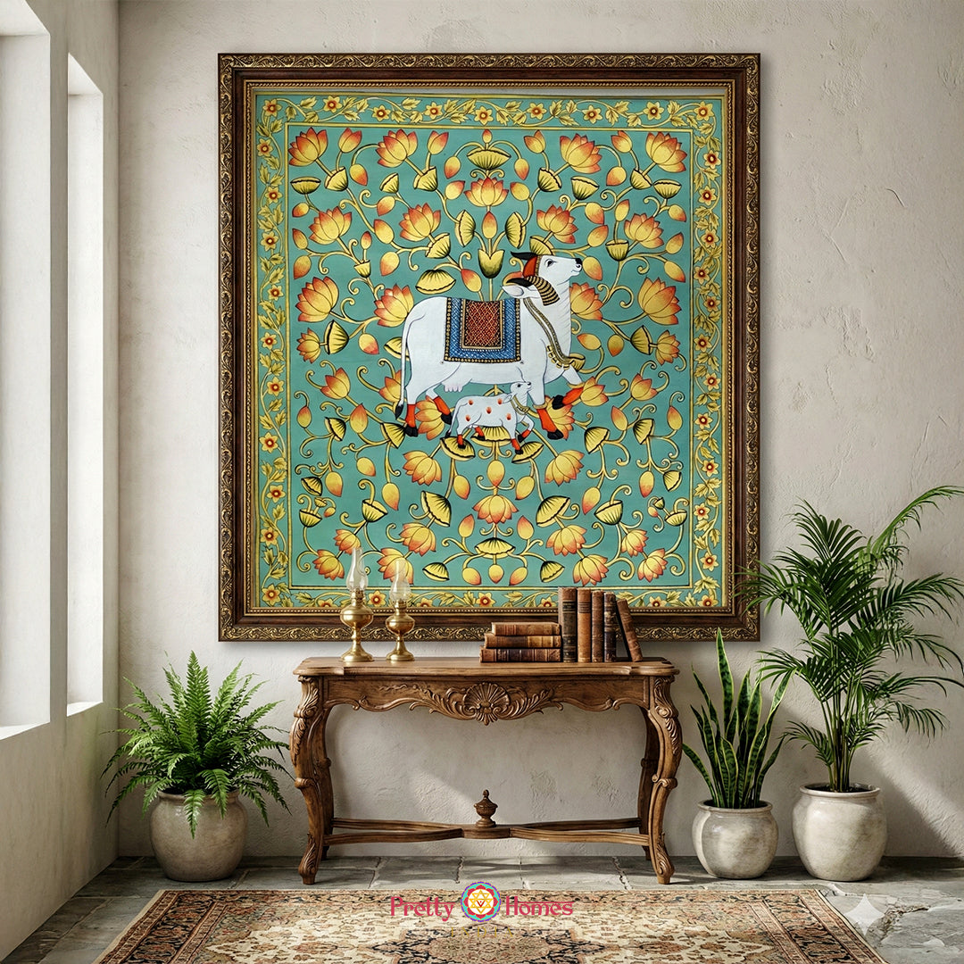 Handpainted Pichwai cow painting with golden detailing and lotus pond turquoise background wall art