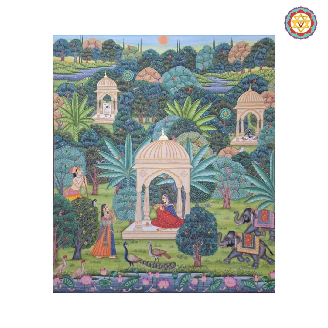 Intricate Pichwai detailing of queen, gopikas, and jharokha frames