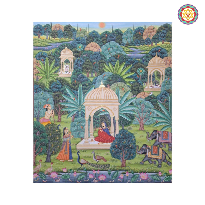 Intricate Pichwai detailing of queen, gopikas, and jharokha frames