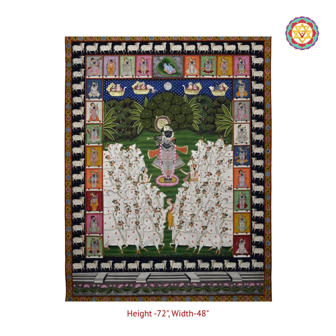 Wide handpainted Nathdwara artwork showing Shrinathji with cows symbolizing divine bond