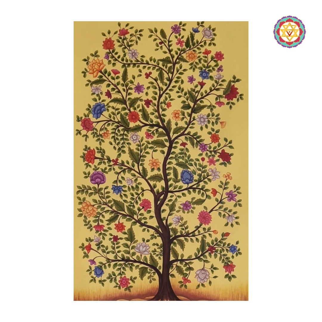 Traditional Pichwai painting of Kalpavriksha with florals